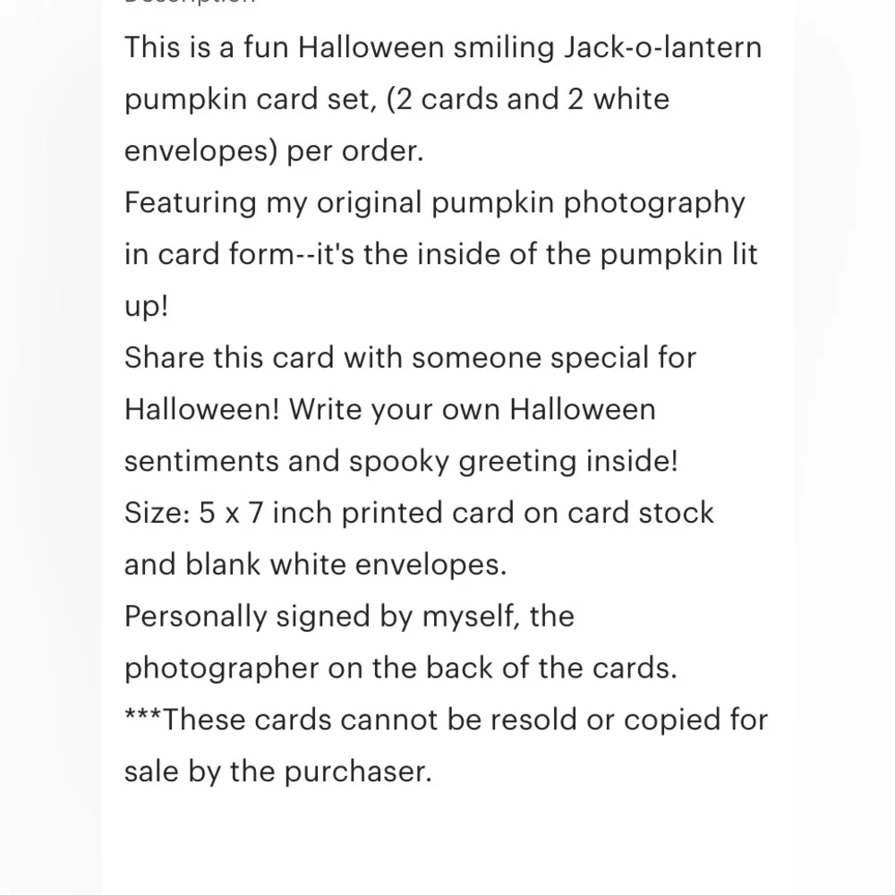 Blank 5X7” Smiling Jack-O-Lantern print Halloween 2 cards with 2 white envelopes